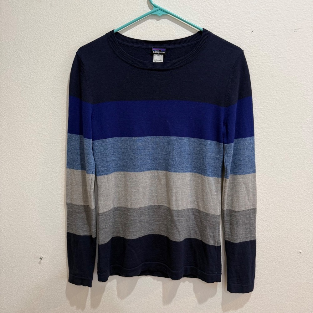 Patagonia Womens Merino Wool Striped Crew Neck Sweater Navy Blue Grey Medium